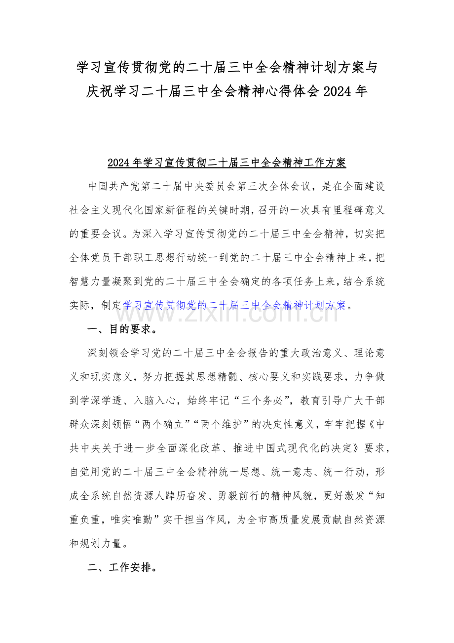 学习宣传贯彻党的二十届三中全会精神计划方案与庆祝学习二十届三中全会精神心得体会2024年.docx_第1页