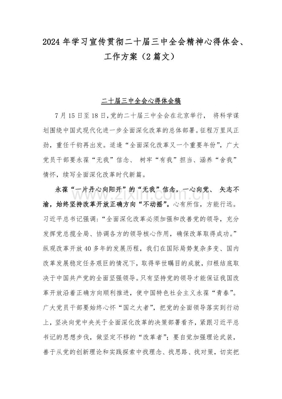 2024年学习宣传贯彻二十届三中全会精神心得体会、工作方案（2篇文）.docx_第1页