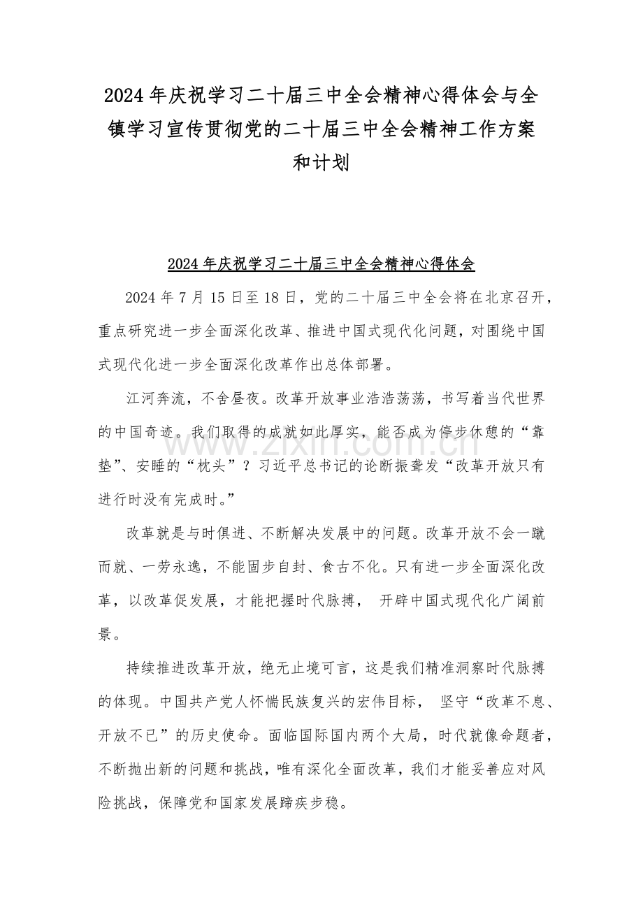 2024年庆祝学习二十届三中全会精神心得体会与全镇学习宣传贯彻党的二十届三中全会精神工作方案和计划.docx_第1页