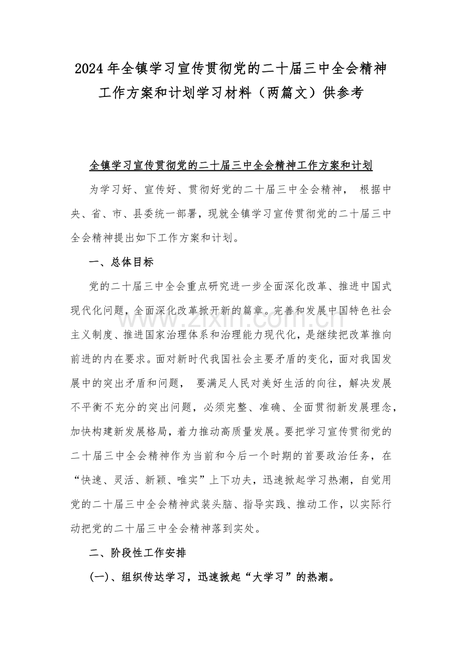 2024年全镇学习宣传贯彻党的二十届三中全会精神工作方案和计划学习材料（两篇文）供参考.docx_第1页