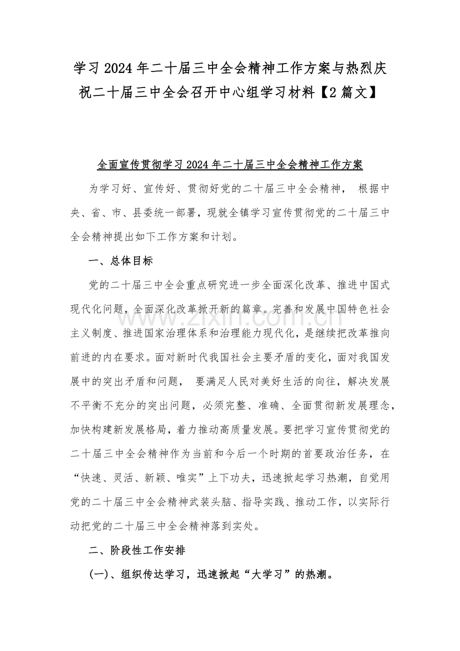 学习2024年二十届三中全会精神工作方案与热烈庆祝二十届三中全会召开中心组学习材料【2篇文】.docx_第1页