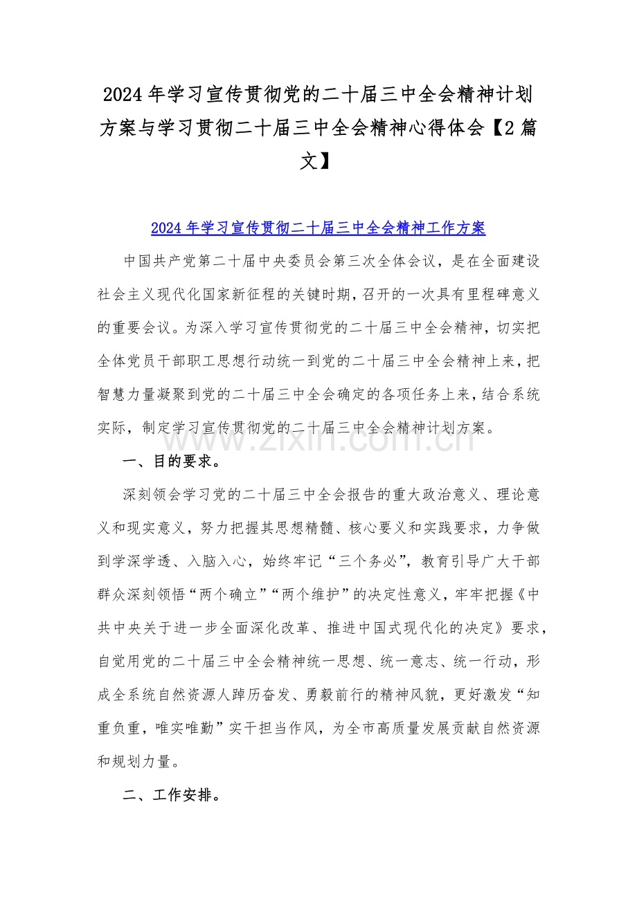 2024年学习宣传贯彻党的二十届三中全会精神计划方案与学习贯彻二十届三中全会精神心得体会【2篇文】.docx_第1页