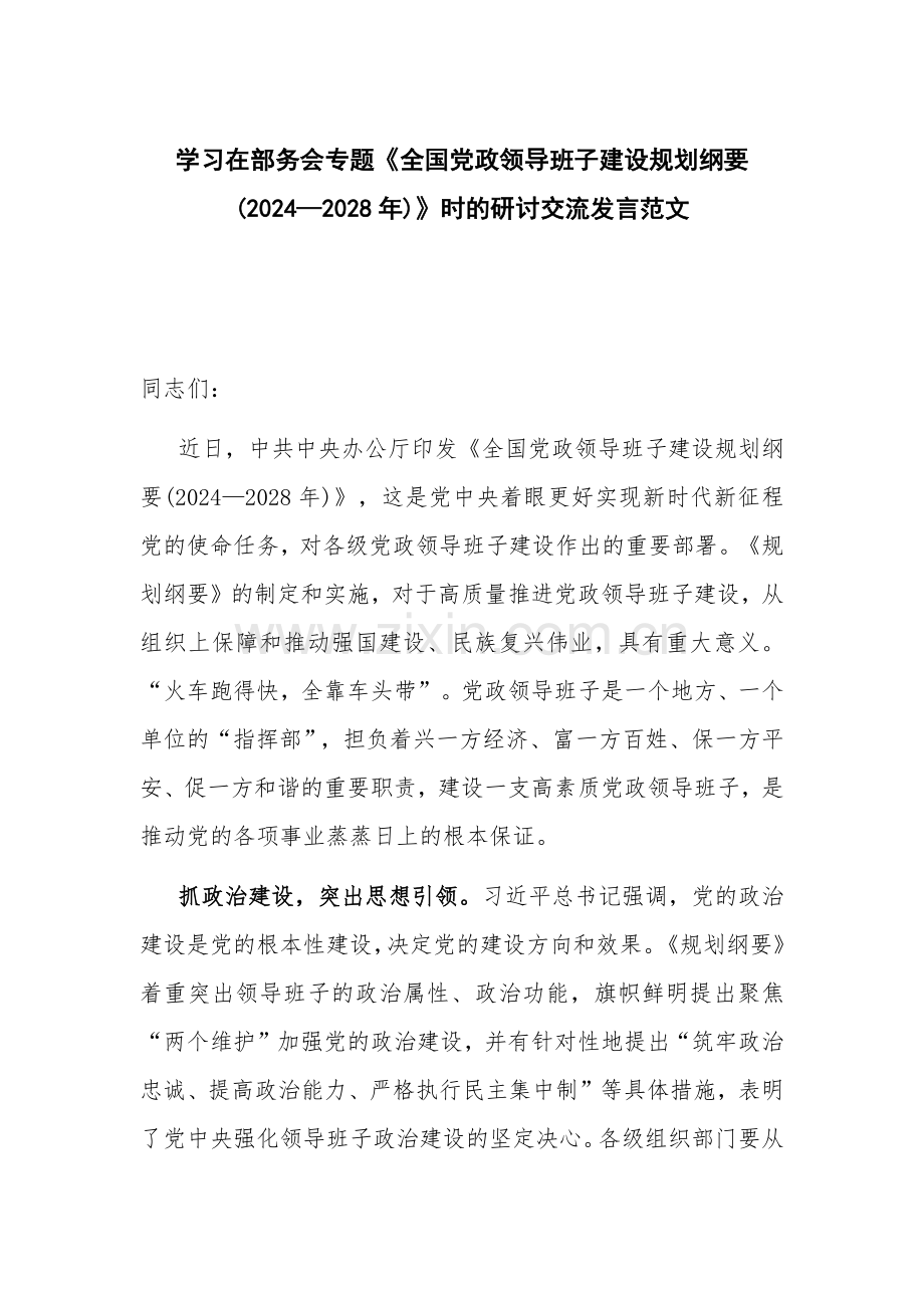 学习在部务会专题《全国党政领导班子建设规划纲要(2024—2028年)》时的研讨交流发言范文.docx_第1页