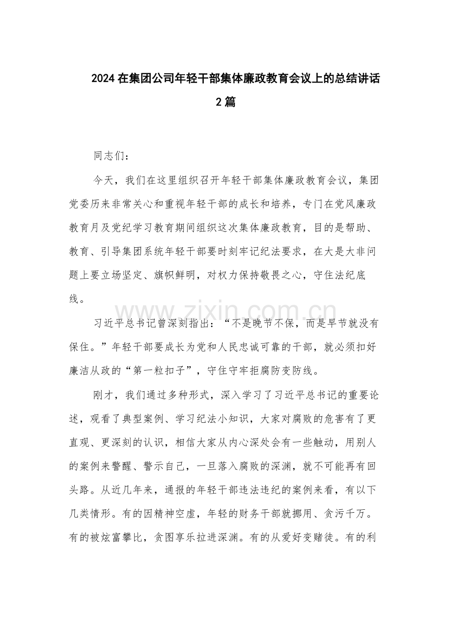 2024在集团公司年轻干部集体廉政教育会议上的总结讲话2篇.docx_第1页