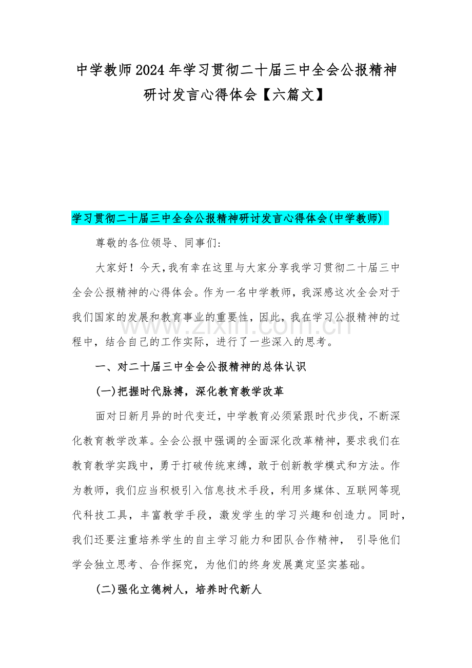 中学教师2024年学习贯彻二十届三中全会公报精神研讨发言心得体会【六篇文】.docx_第1页