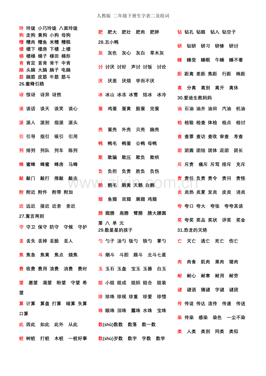 人教版-二年级下册生字表二及组词.doc_第3页