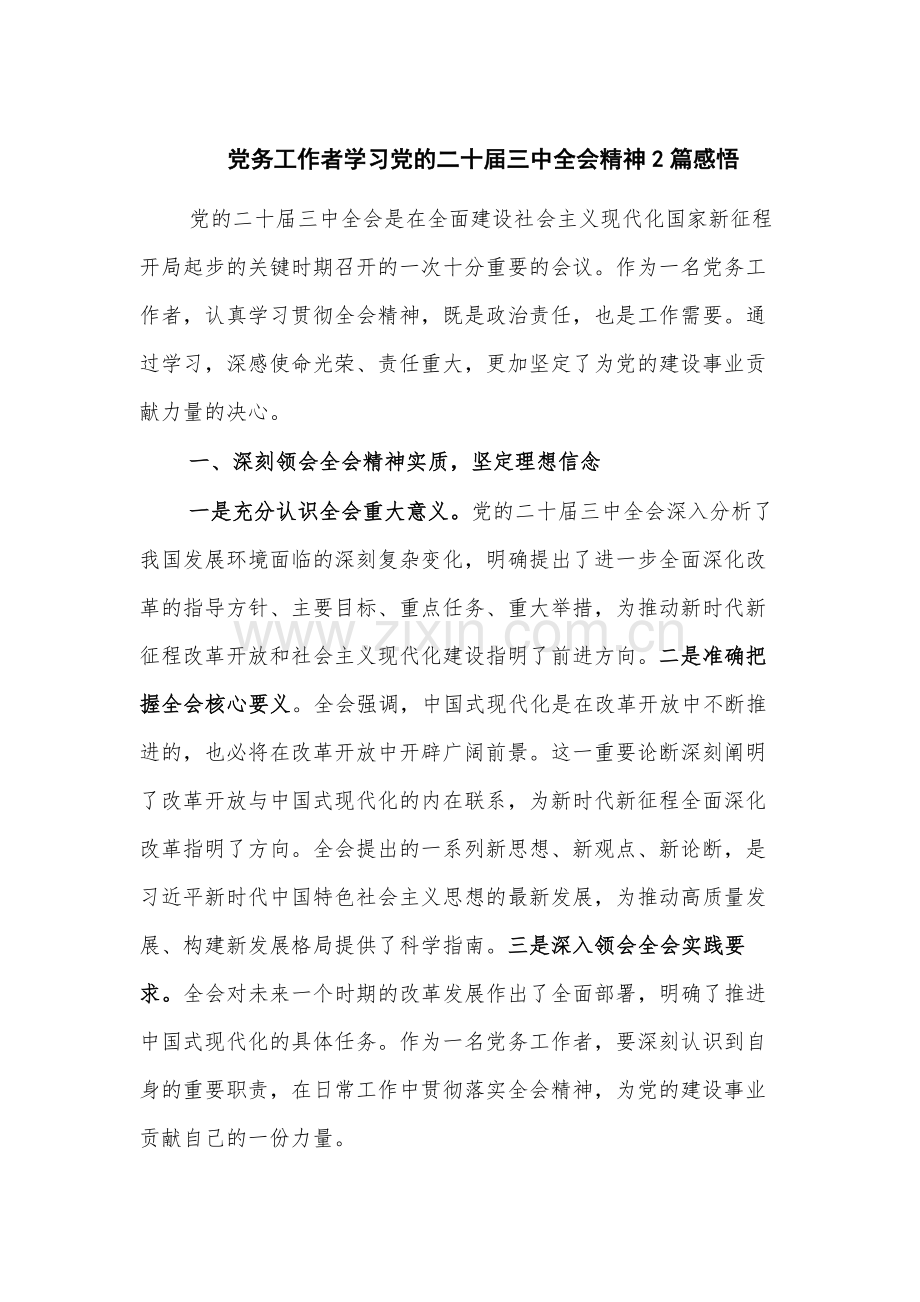 党务工作者学习党的二十届三中全会精神2篇感悟.docx_第1页