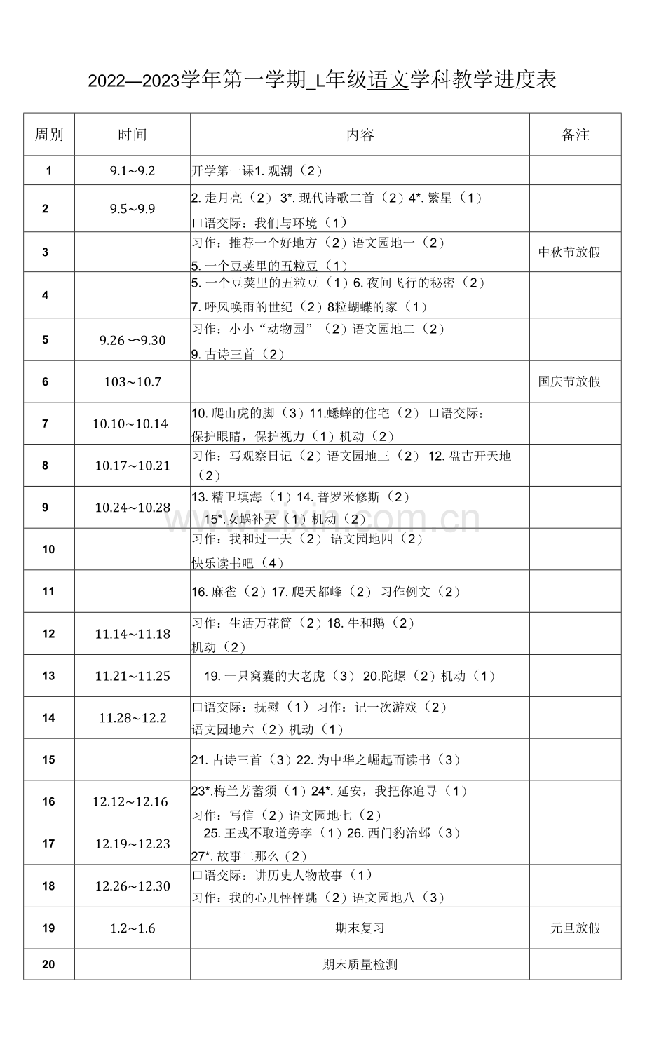 2022-2023学年第一学期四年级语文教学进度表.docx_第1页