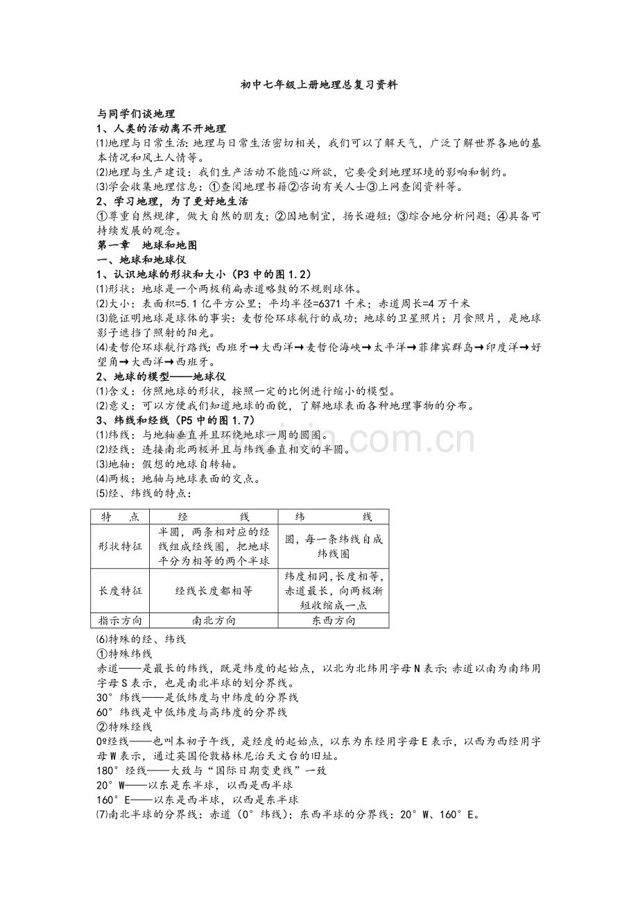 初中七年级上册地理总复习资料.doc_第1页