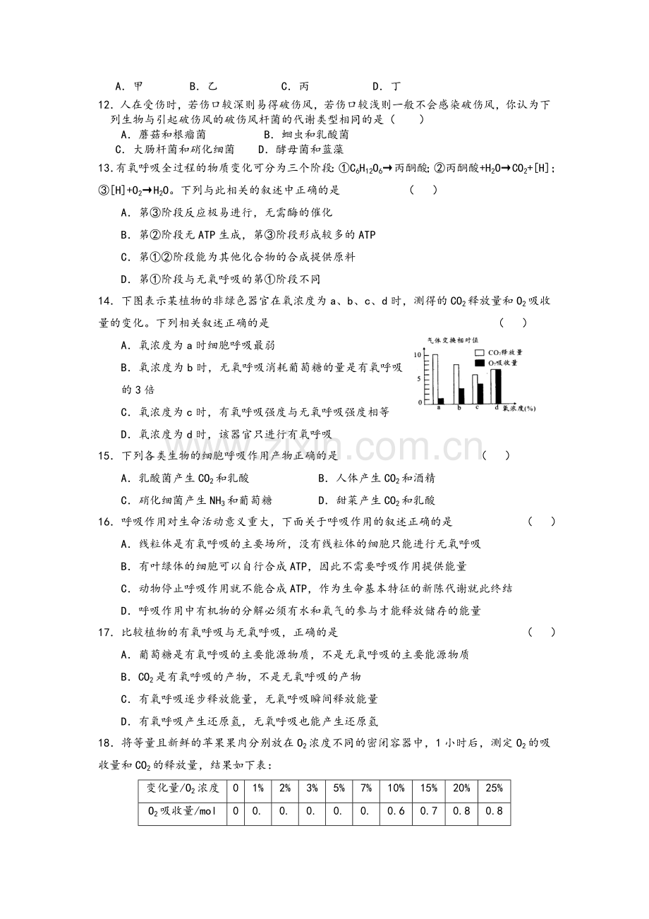 高一生物必修一-细胞呼吸检测题.doc_第2页