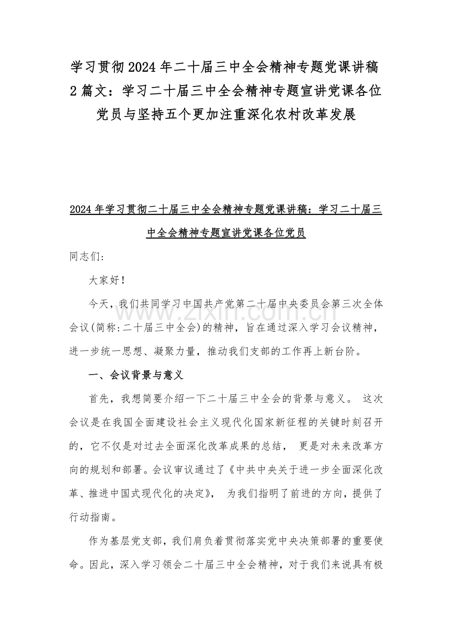 学习贯彻2024年二十届三中全会精神专题党课讲稿2篇文：学习二十届三中全会精神专题宣讲党课各位党员与坚持五个更加注重深化农村改革发展.docx_第1页