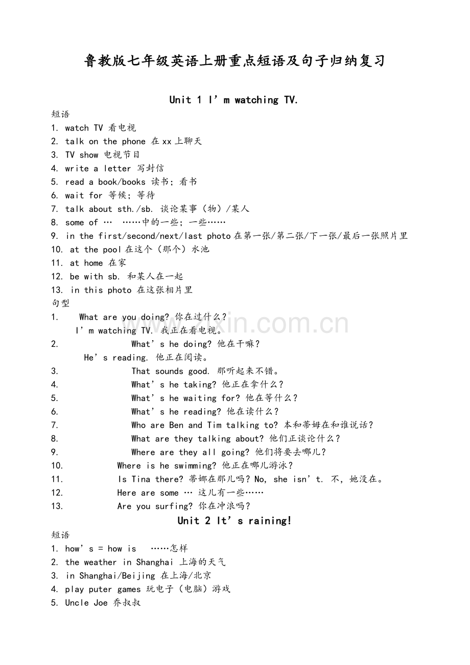 鲁教版七年级英语上册重点短语及句子归纳复习.doc_第1页