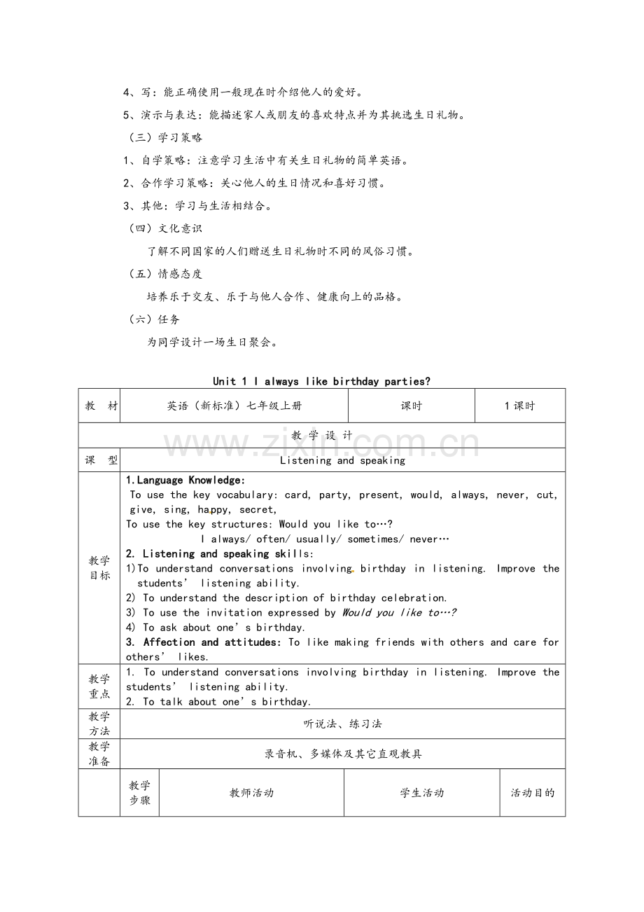 外研版英语七上Module-8-Unit-1《I-always-like-birthday-parties》教案-达标训练.doc_第2页