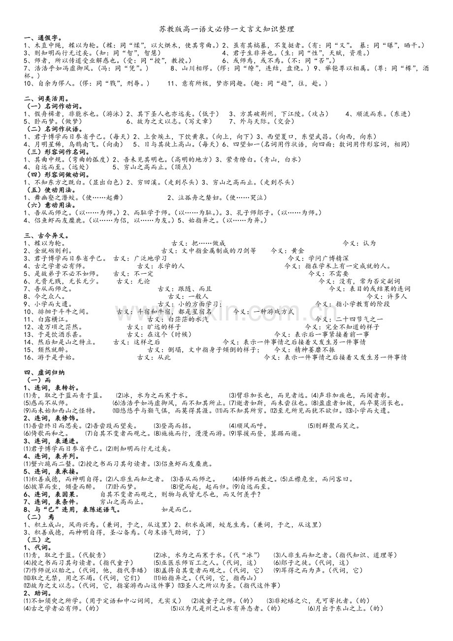 苏教版高一语文必修一二文言文知识整理.doc_第1页