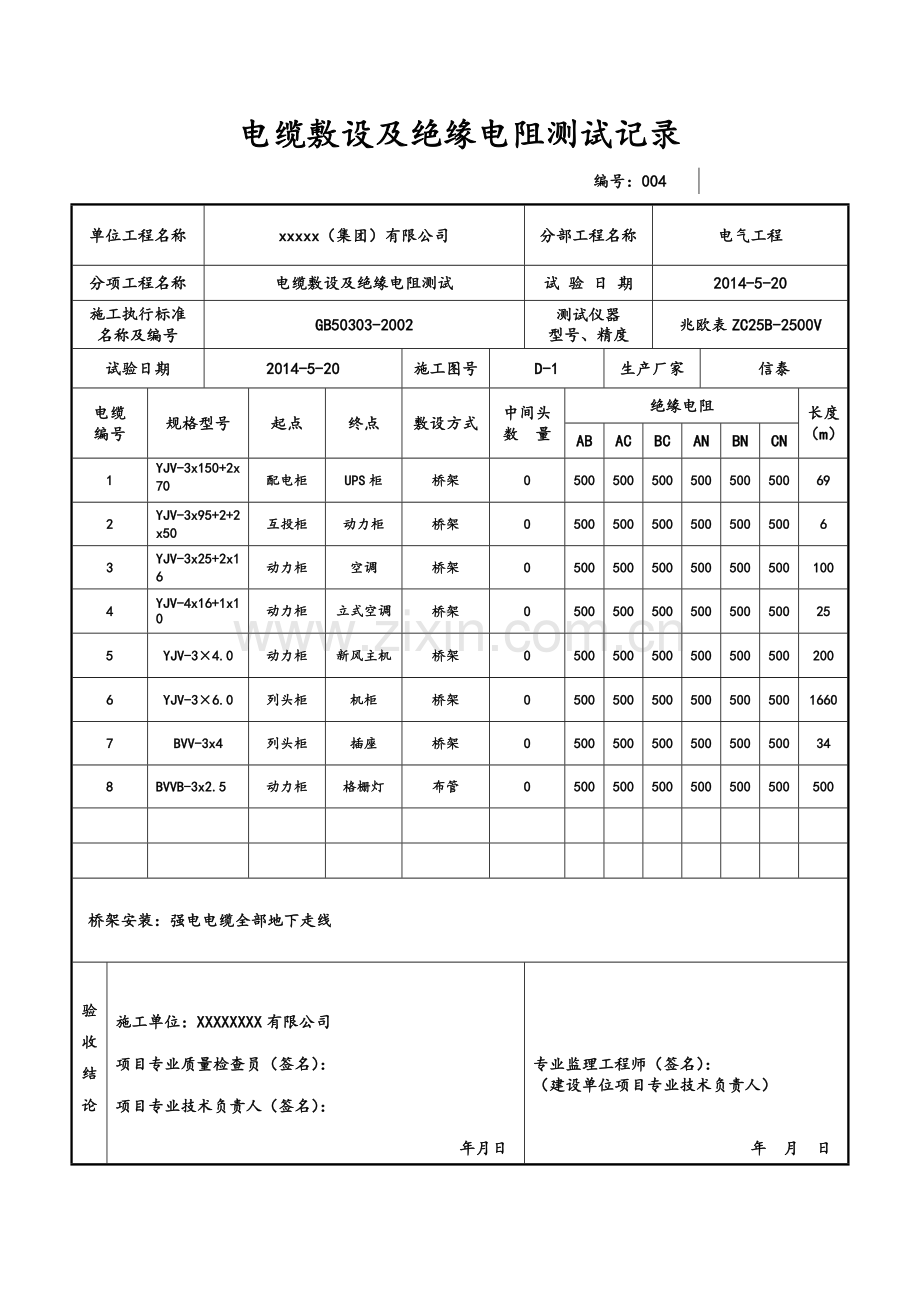 电缆敷设和绝缘电阻测试记录文本.doc_第1页