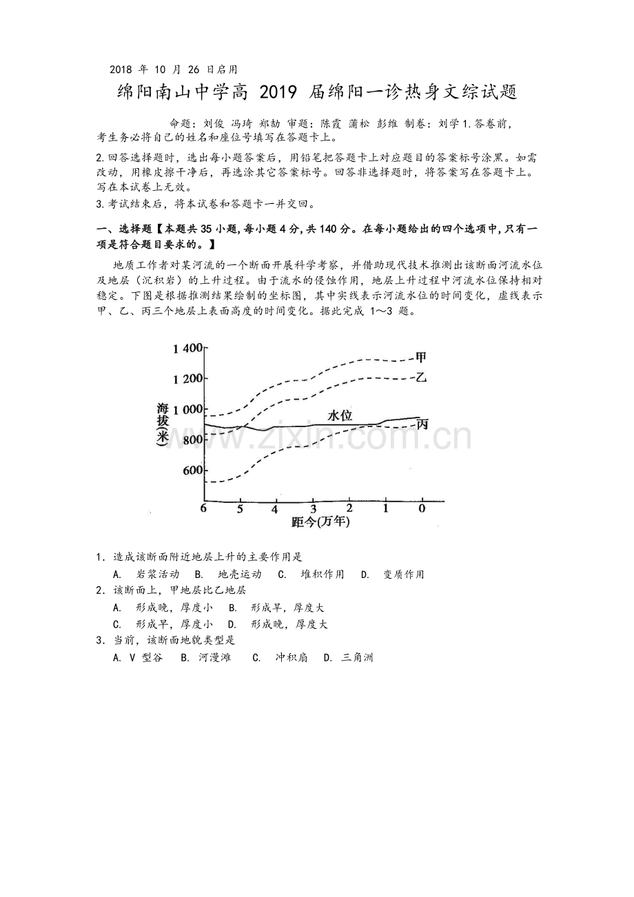 四川省绵阳南山中学2019届高三上学期一诊模拟考试文综地理试题.doc_第1页