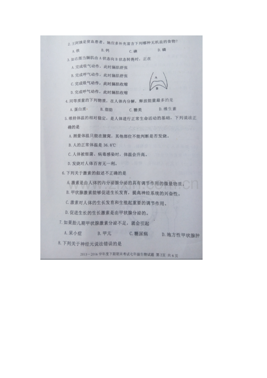 河南省扶沟县2015-2016学年七年级生物下册期末考试题2.doc_第2页