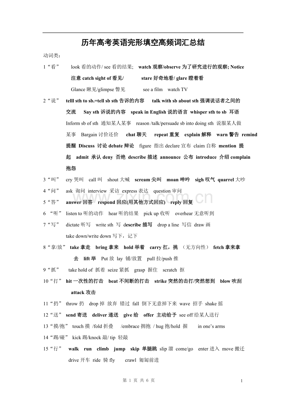 历年高考英语完形填空高频词汇总结.doc_第1页