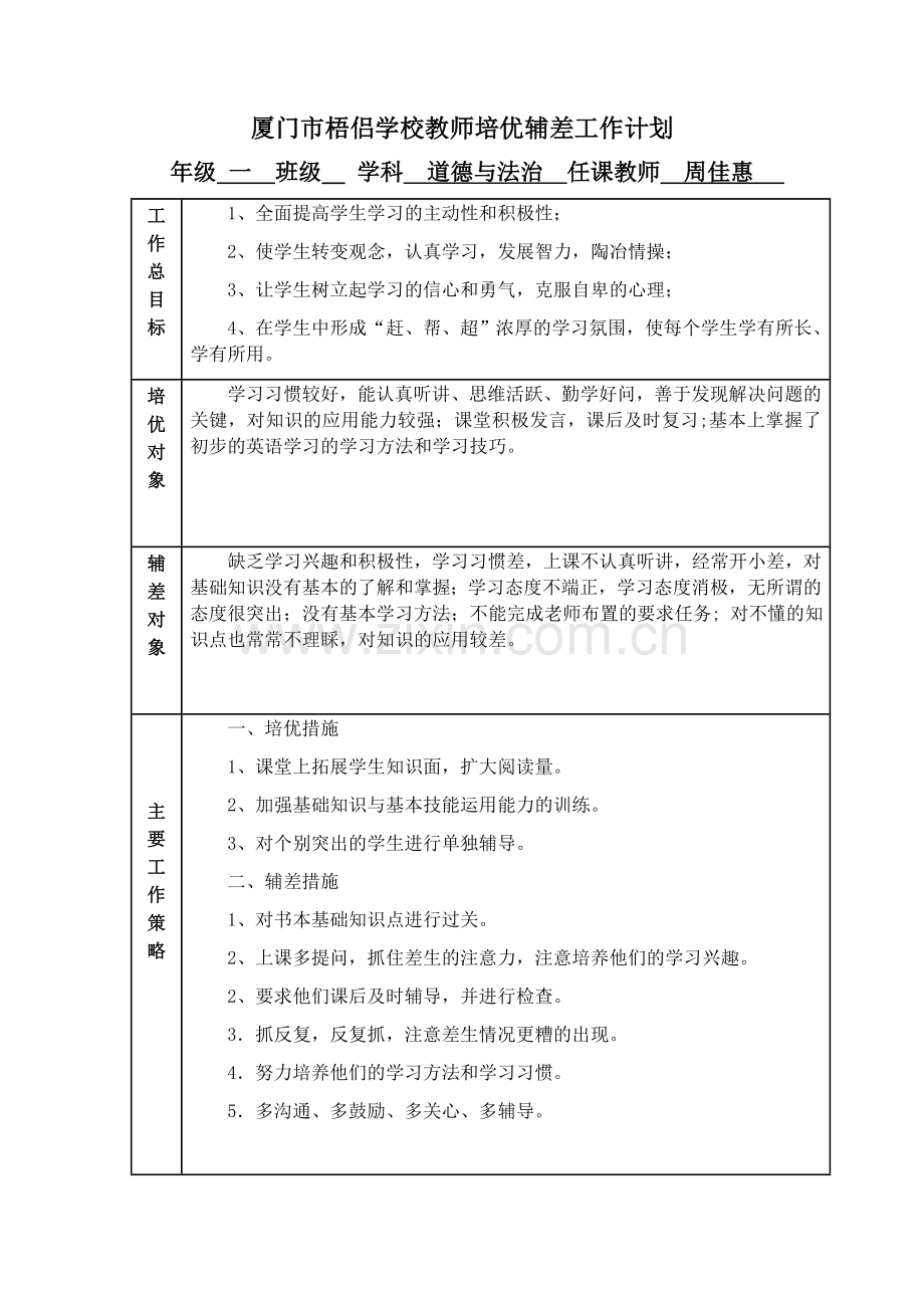 统编版一年级下册道德与法治培优辅差工作计划.doc_第1页