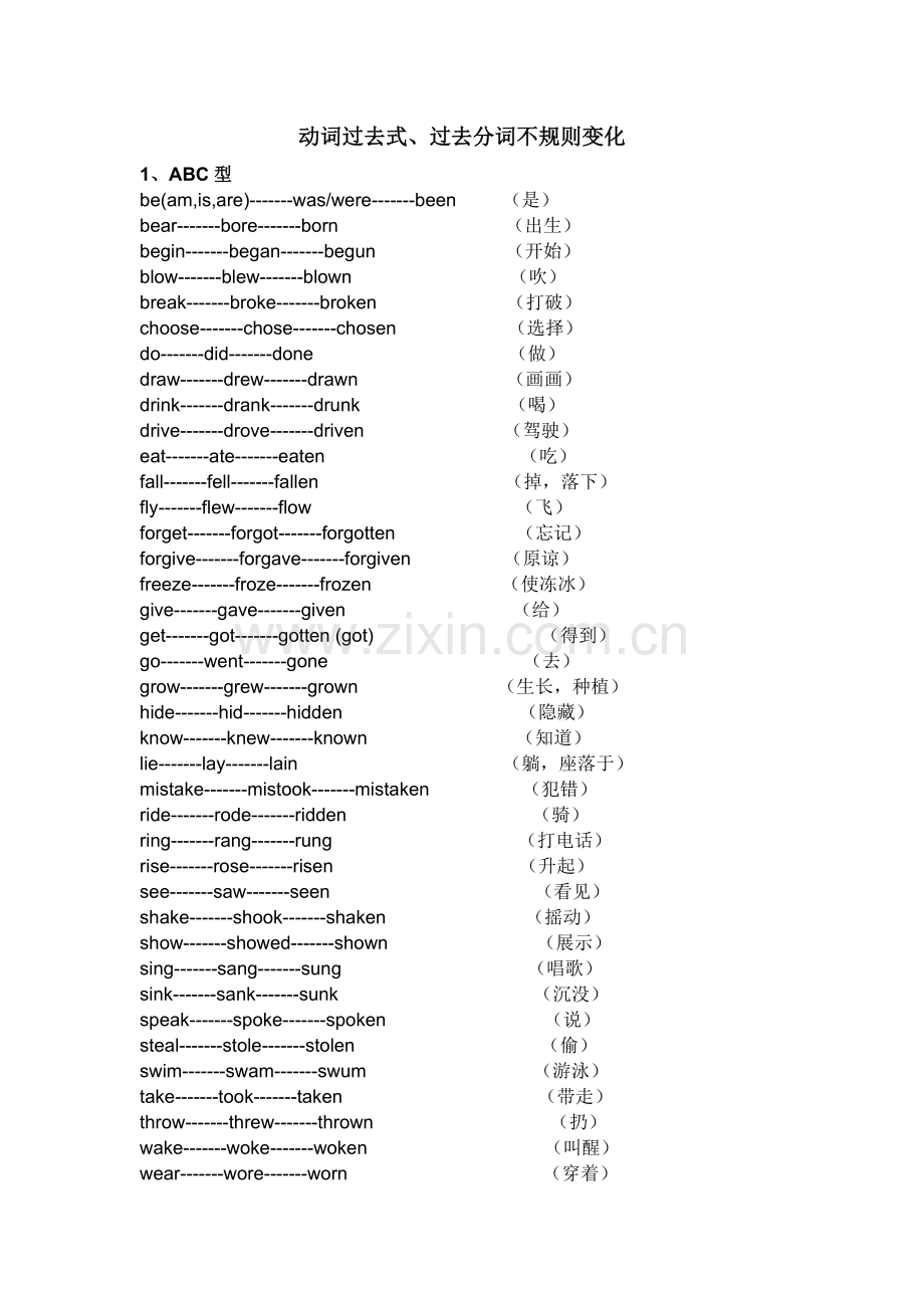 动词过去式不规则变化表(初中).doc_第1页