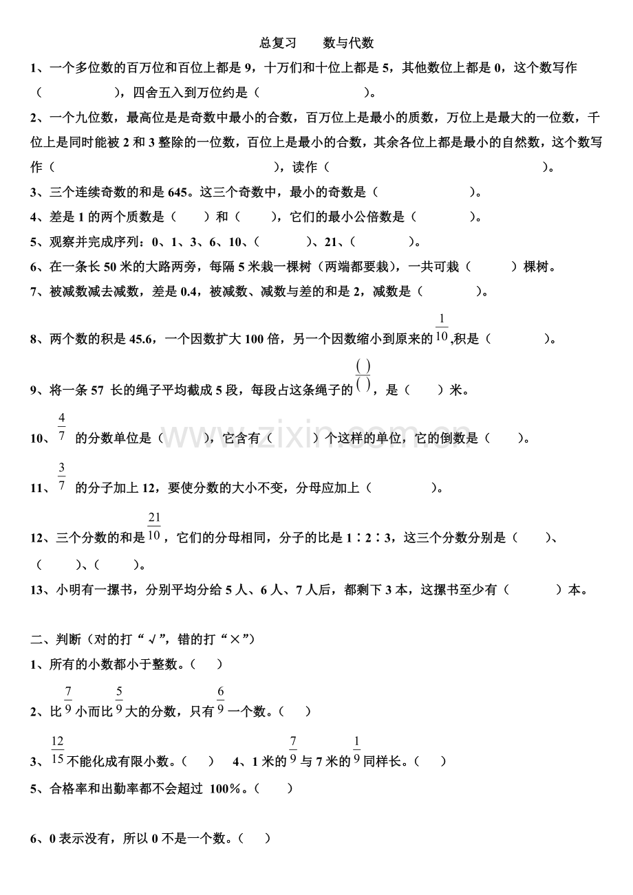 小学数学总复习数与代数练习题.doc_第1页