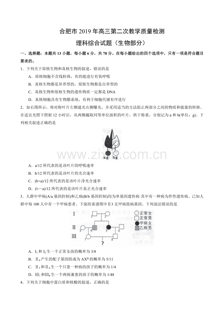 安徽省合肥市2019届高三第二次教学质量检测理科综合生物试题.doc_第1页