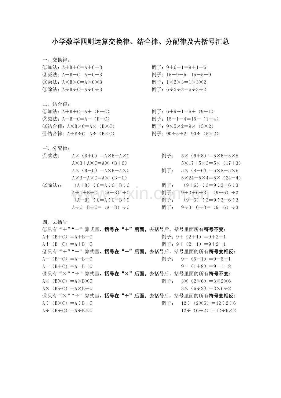 小学数学四则运算交换律、结合律、分配律及去括号汇总.doc_第1页