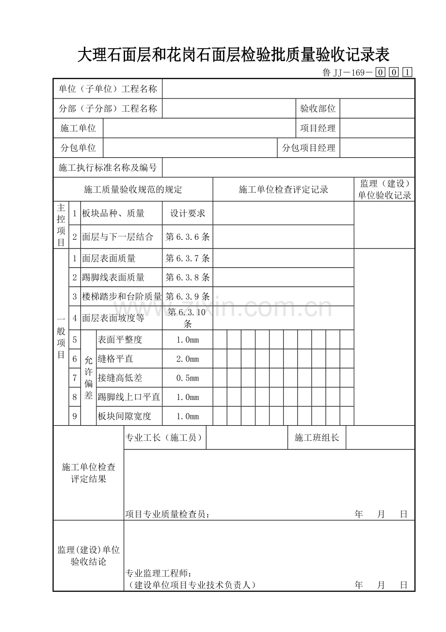 鲁JJ－169大理石面层和花岗石面层检验批质量验收记录表.DOC_第1页