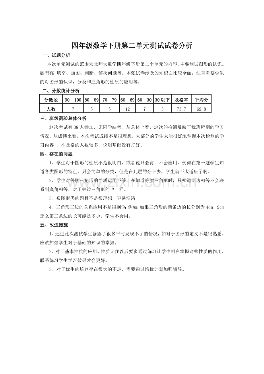 北师大版四年级数学下册试卷分析.doc_第2页