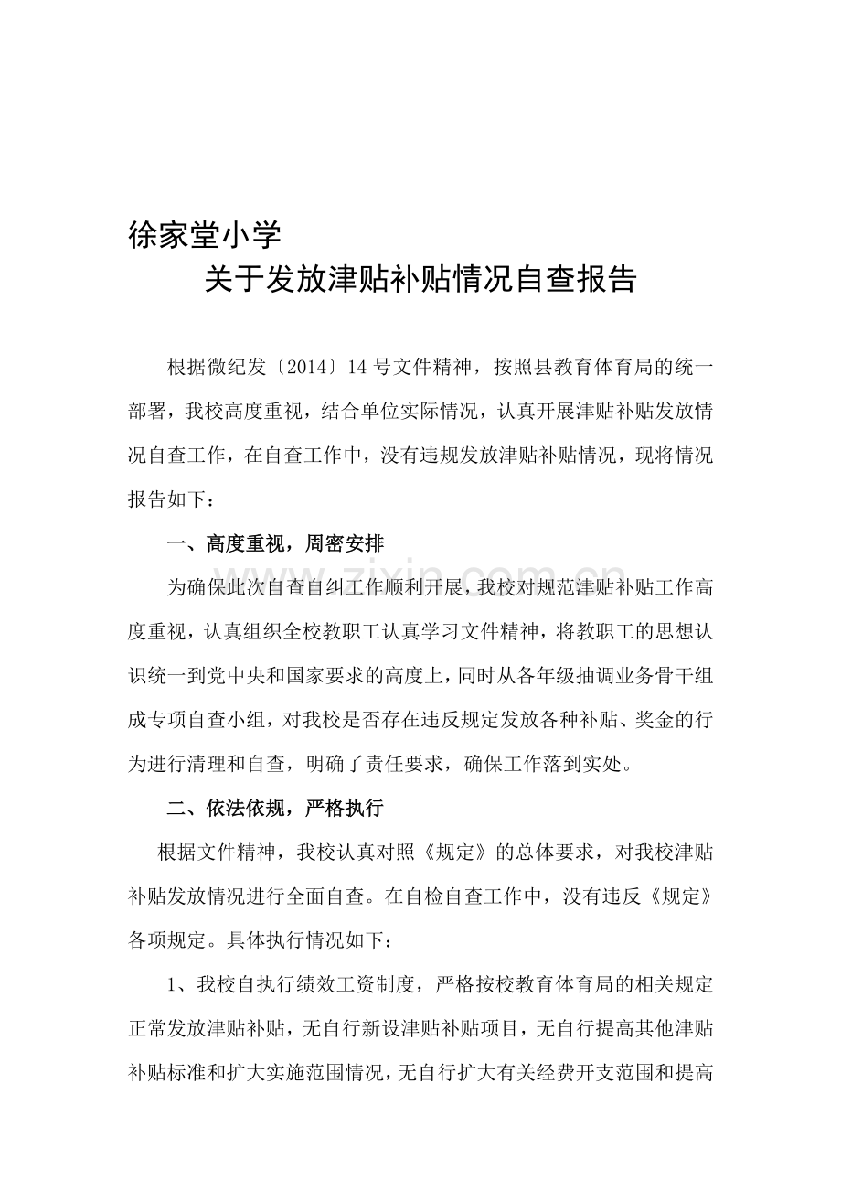 发放津贴补贴情况自查报告.doc_第1页