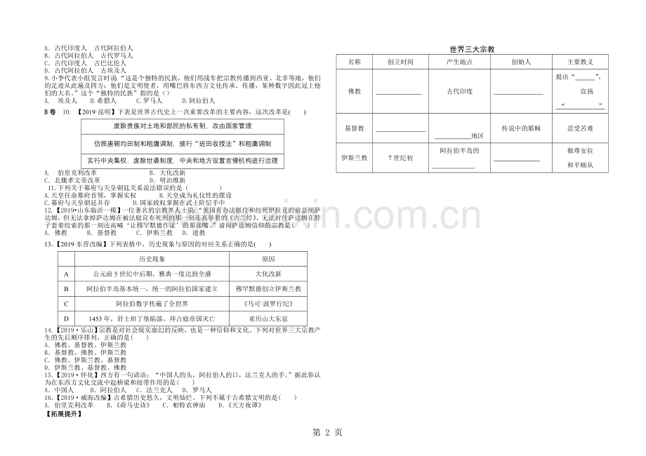 人教部编版九年级历史上册第四单元封建时代的亚洲国家复习学案(无答案).doc_第2页