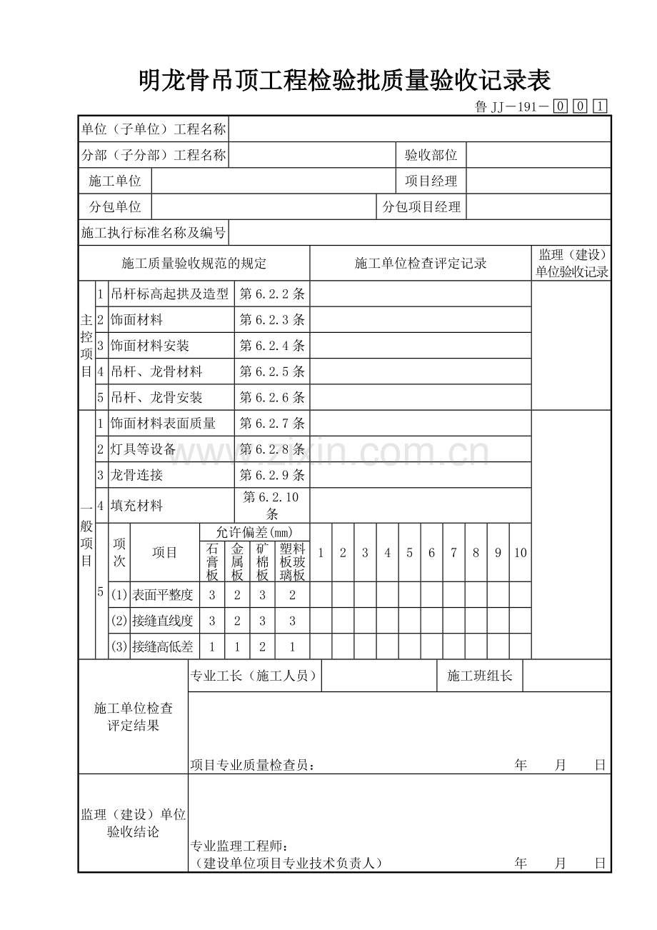 鲁JJ－191明龙骨吊顶工程检验批质量验收记录表.DOC_第1页