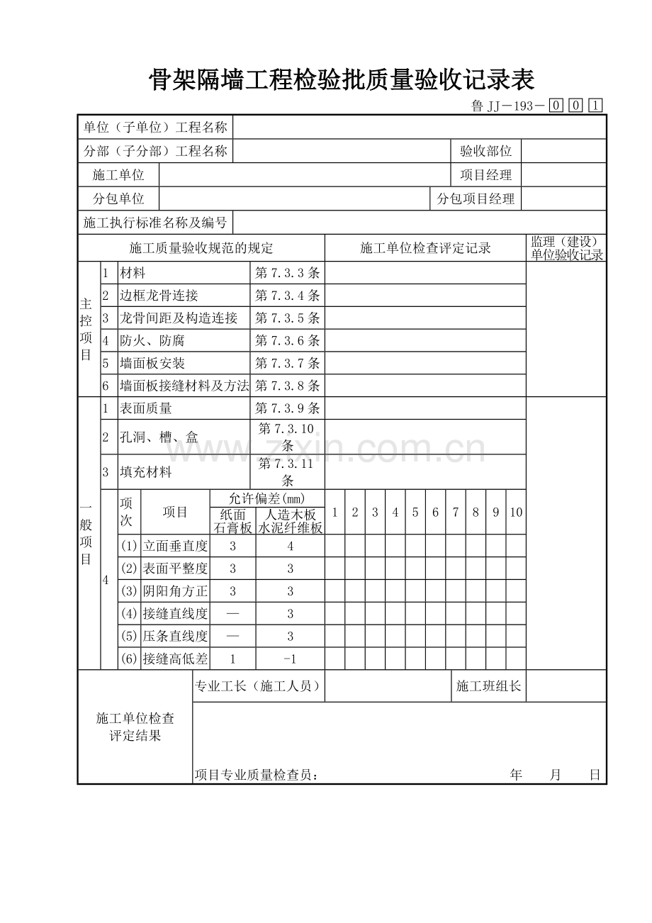 鲁JJ－193骨架隔墙工程检验批质量验收记录表.DOC_第1页