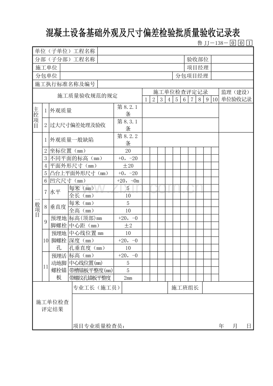 鲁JJ－138混凝土设备基础外观及尺寸偏差检验批质量验收记录表.DOC_第1页