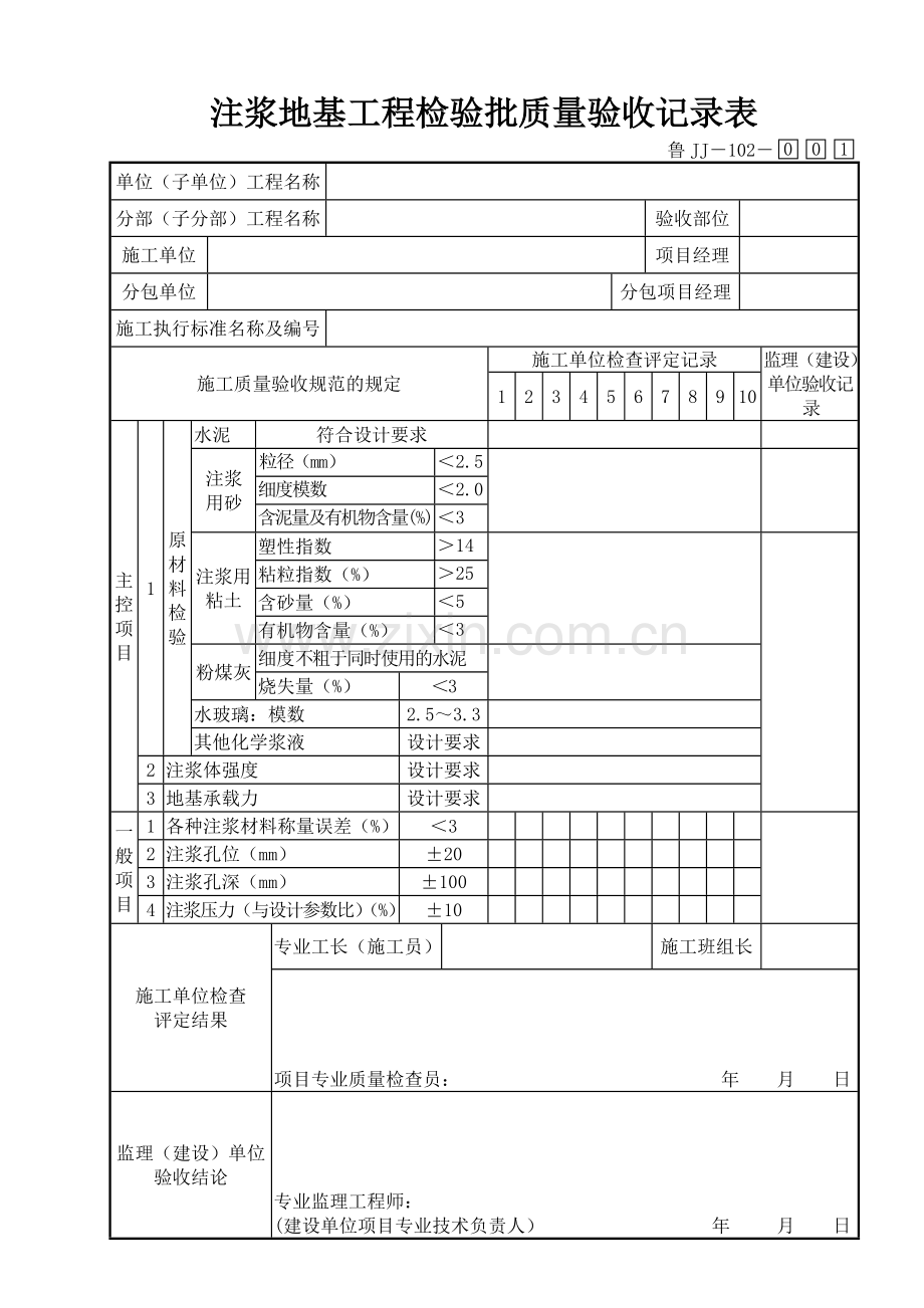 鲁JJ－102注浆地基工程检验批质量验收记录表.DOC_第1页