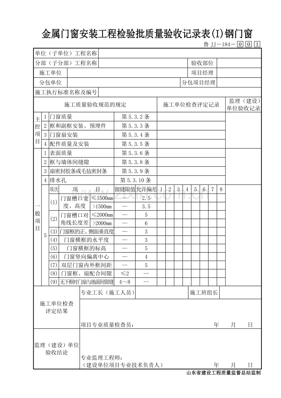 鲁JJ－184金属门窗安装工程检验批质量验收记录表(I)钢门窗.DOC_第1页