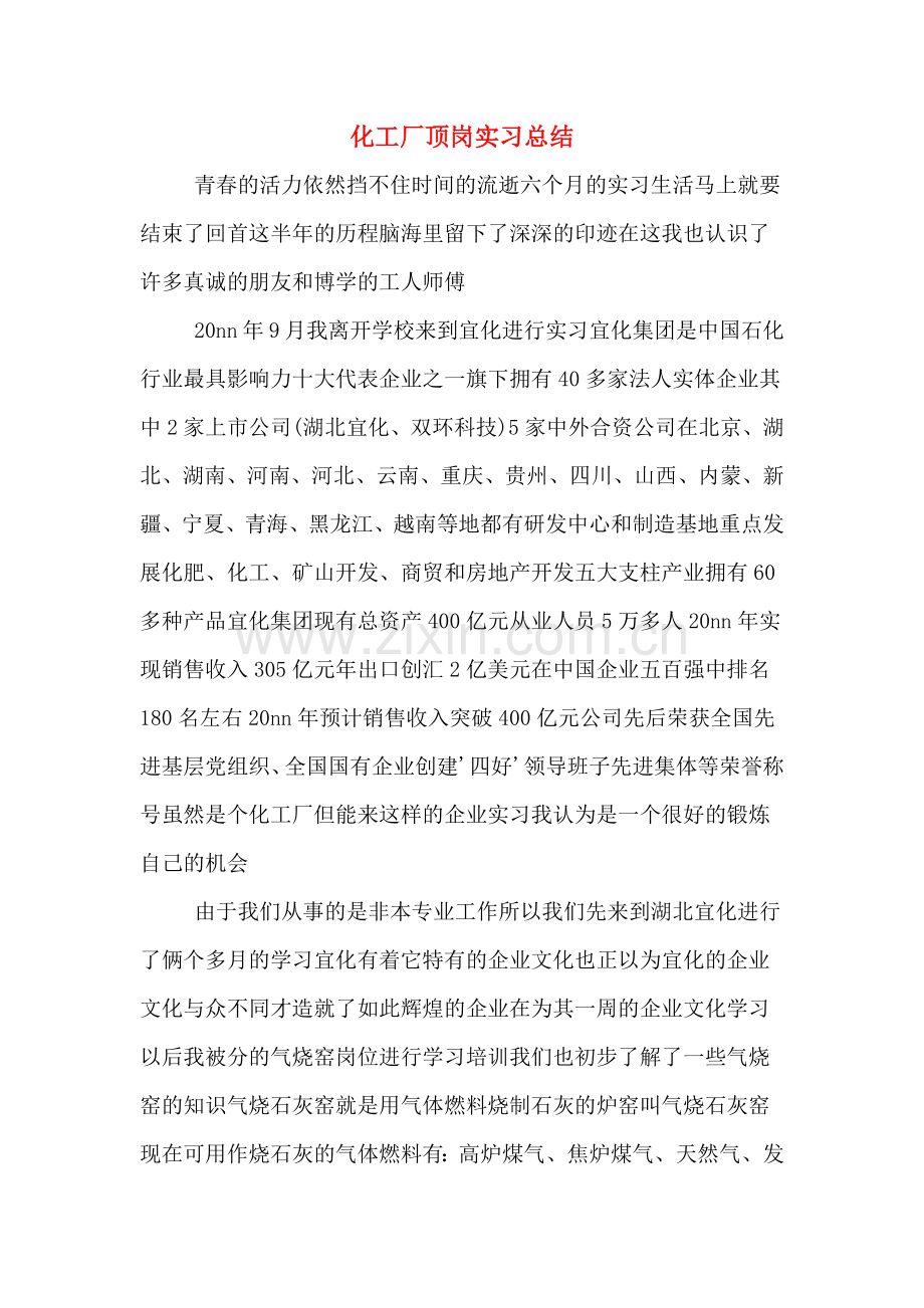 2019年化工厂顶岗实习总结.doc_第1页