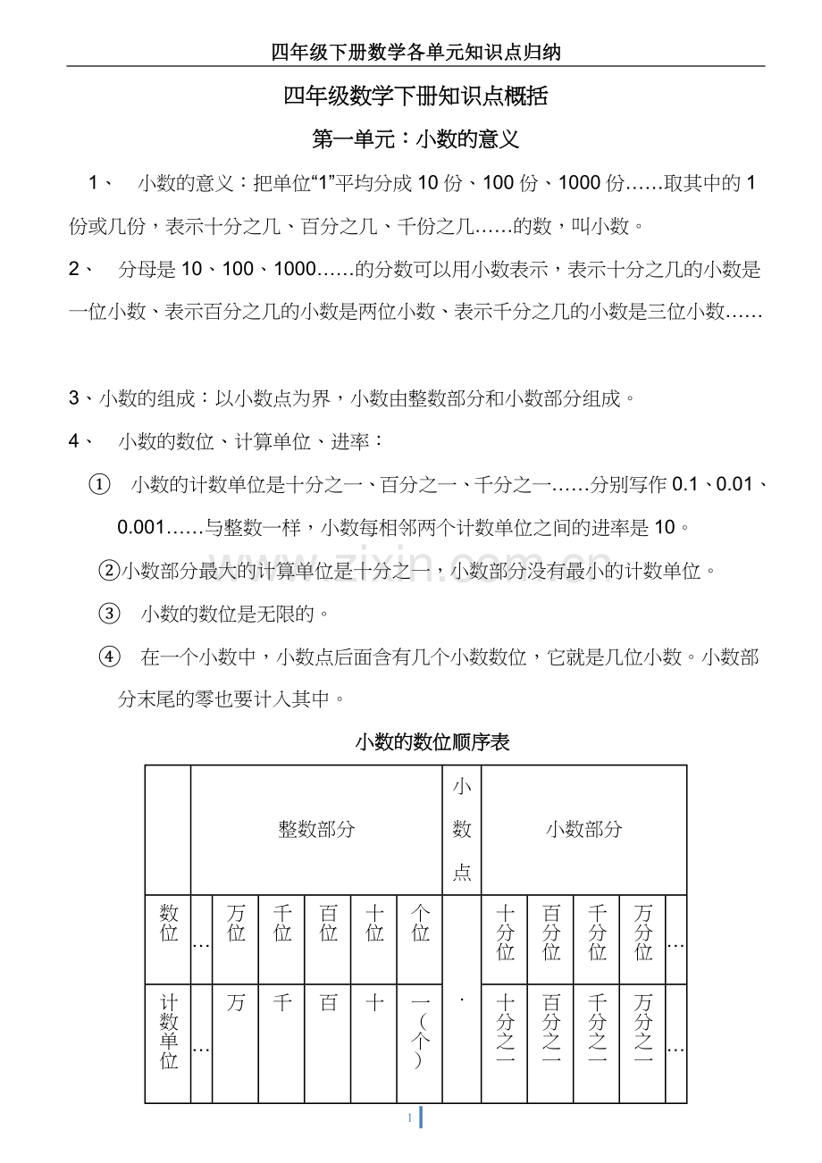 北师大版四年级下数学各单元复习资料.doc_第1页