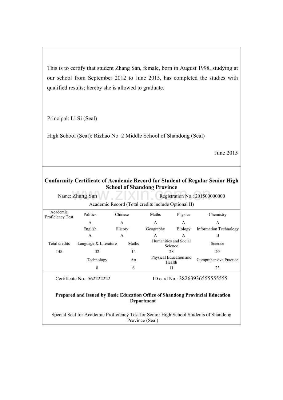 山东省高中毕业证书英文翻译模板(2018).doc_第2页