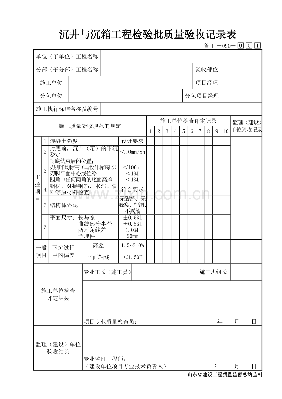 鲁JJ－090沉井与沉箱工程检验批质量验收记录表.DOC_第1页