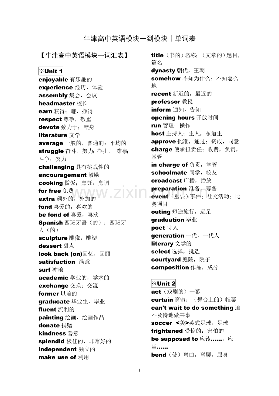 牛津高中英语模块一到模块十单词表.doc_第1页