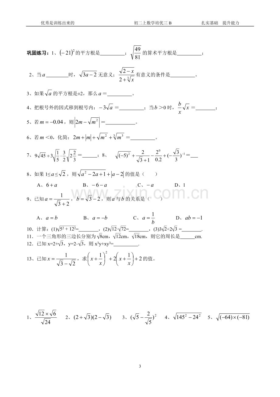 初二上数学培优讲义三B二次根式单元复习与巩固及勾股定理提高训练.doc_第3页