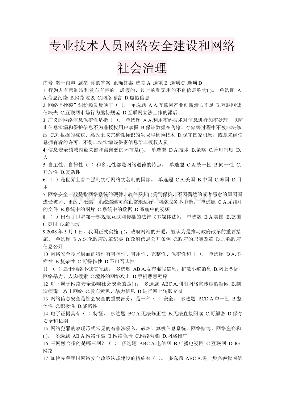 继续教育专业技术人员网络安全建设和网络社会治理答案.doc_第1页