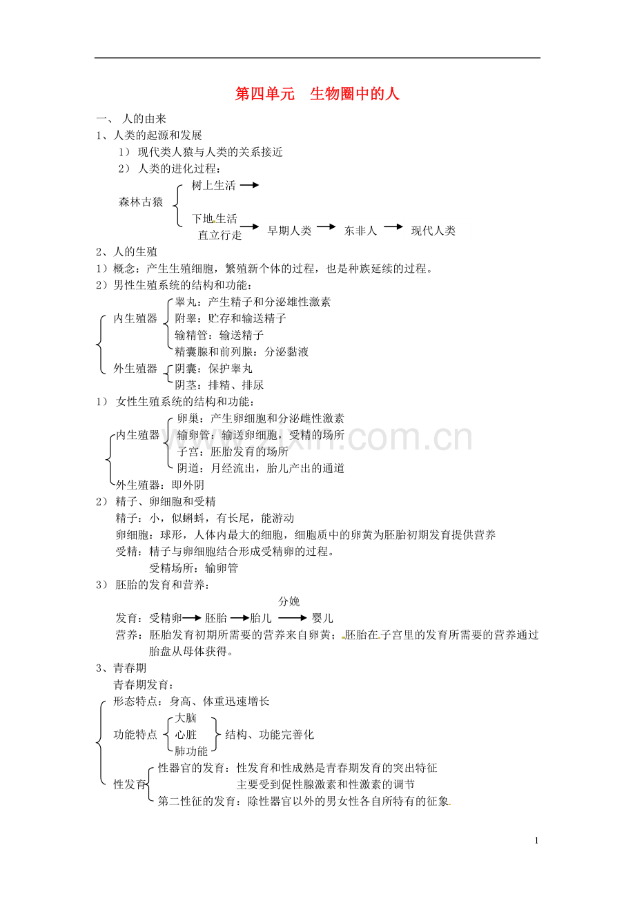 七年级生物上册第四单元生物圈中的人知识点汇总新人教版.doc_第1页