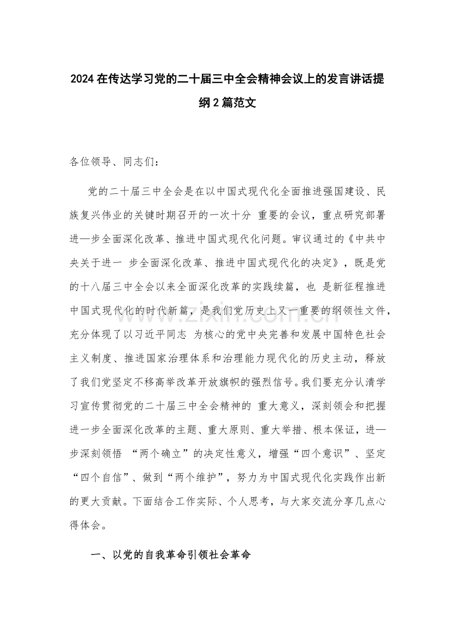 2024在传达学习党的二十届三中全会精神会议上的发言讲话提纲2篇范文.docx_第1页