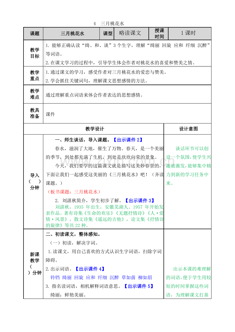 【部编版】四年级语文下册第4课《三月桃花水》教案.pdf_第1页