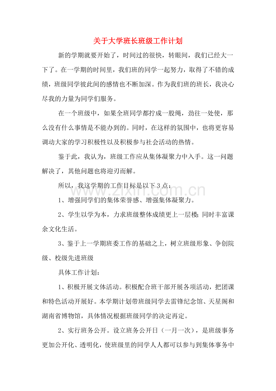 2020年关于大学班长班级工作计划.doc_第1页