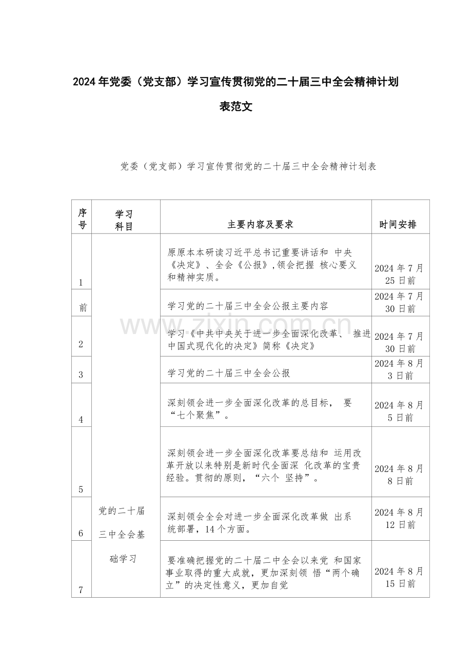 2024年党委（党支部）学习宣传贯彻党的二十届三中全会精神计划表范文.docx_第1页