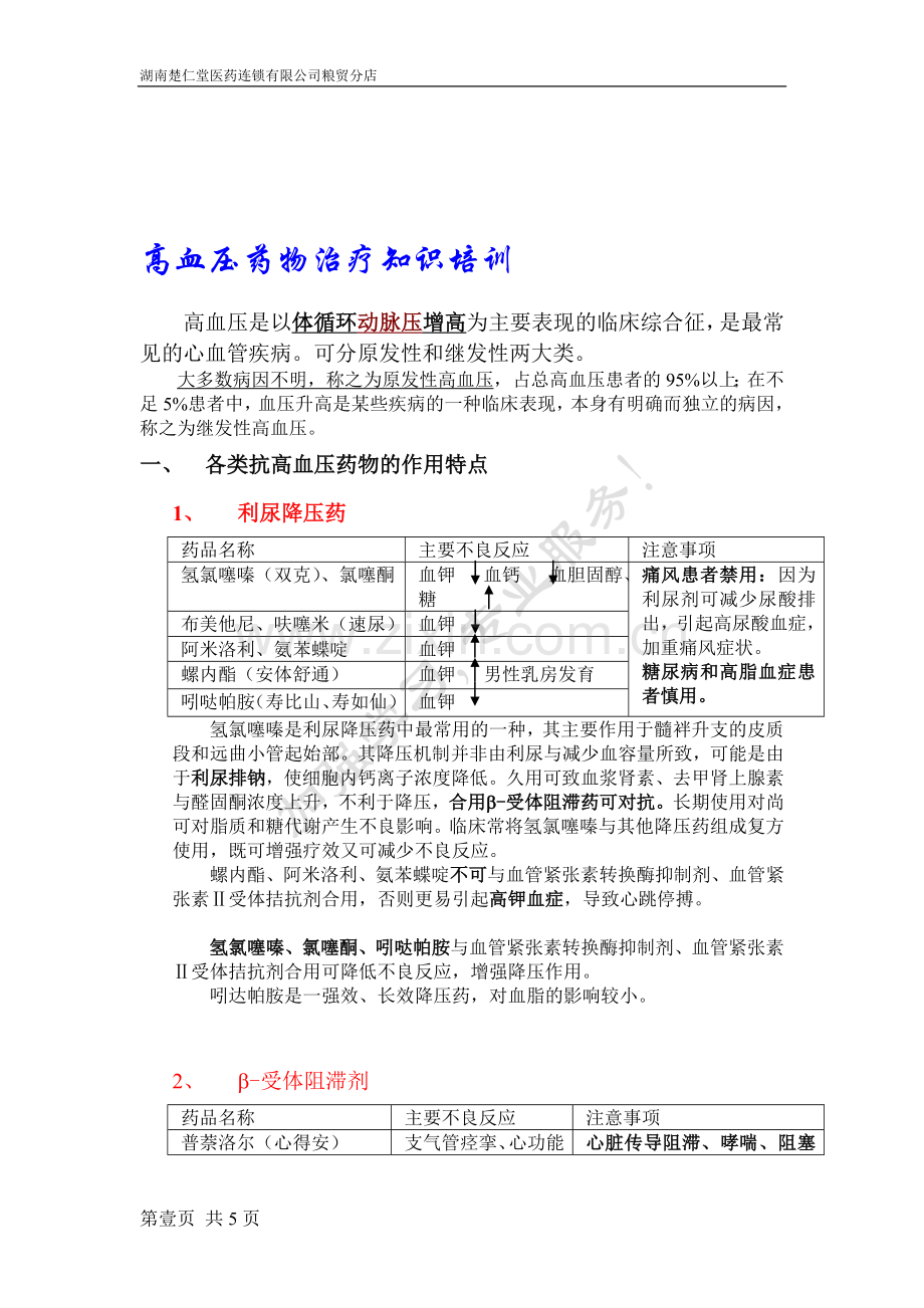 高血压药物治疗知识培训.doc_第1页