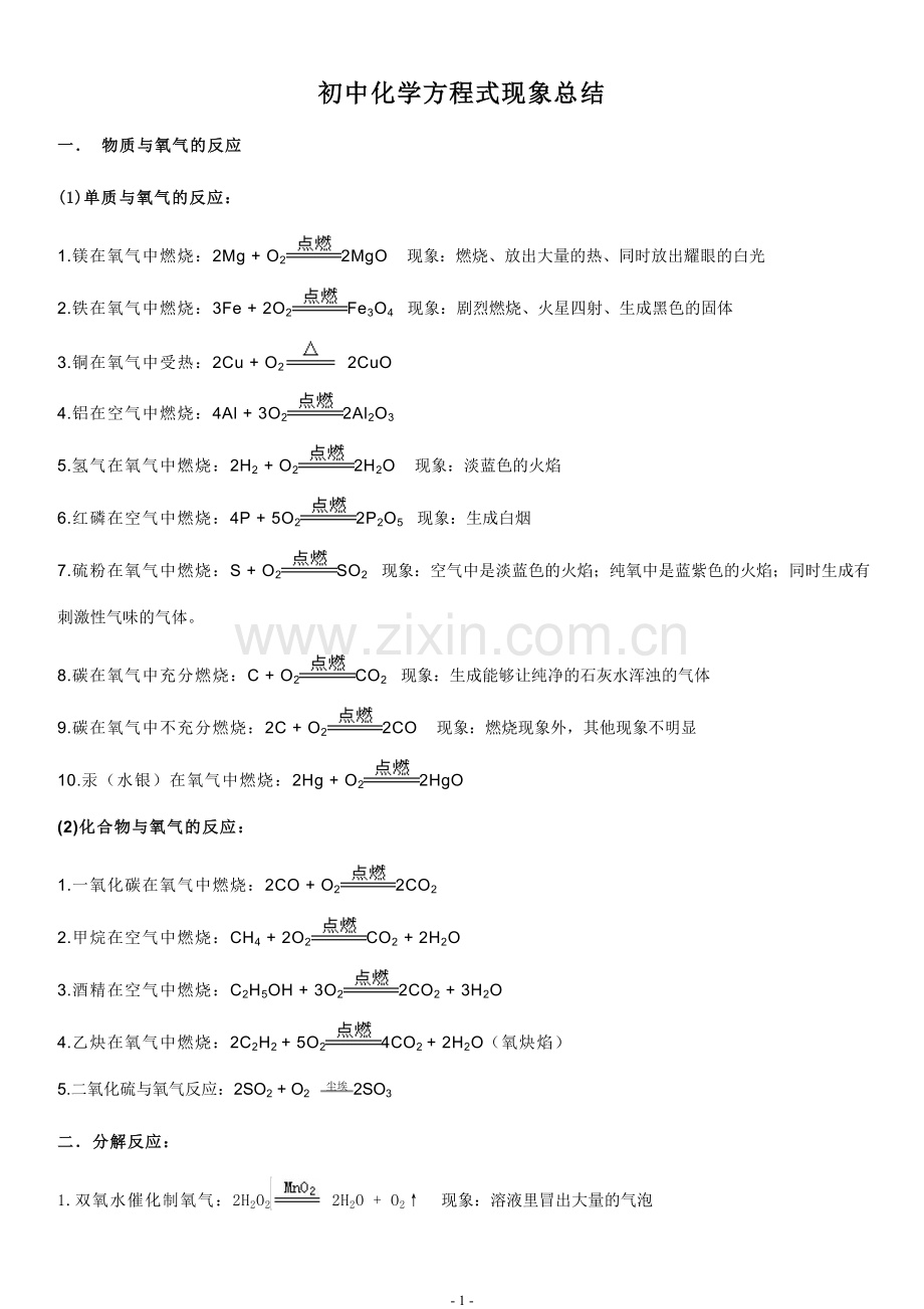 初中化学方程式大全及现象总结.doc_第1页